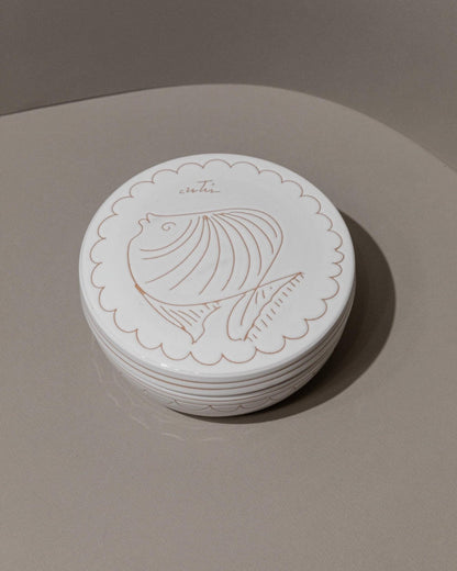 Vintage Keramikschale mit Deckel, handgeschnitzt, nautisches Motiv, Italien 1970er