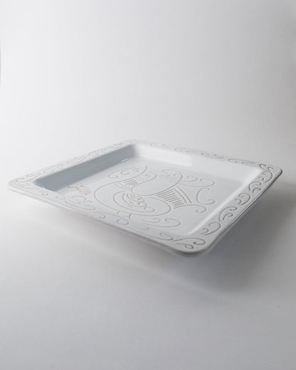 Assiette vintage en céramique blanche motif coq style Jacques Innocenti années 1960