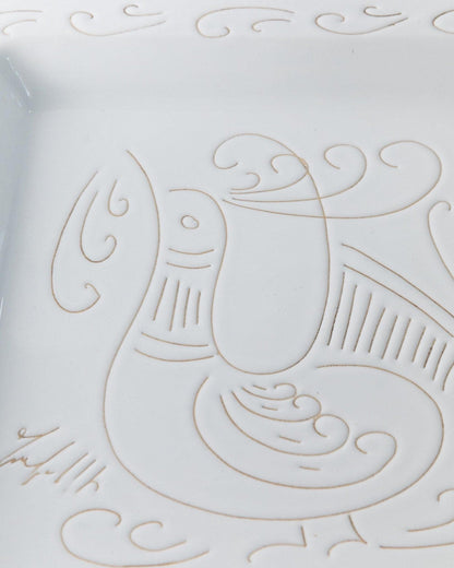 Assiette vintage en céramique blanche motif coq style Jacques Innocenti années 1960