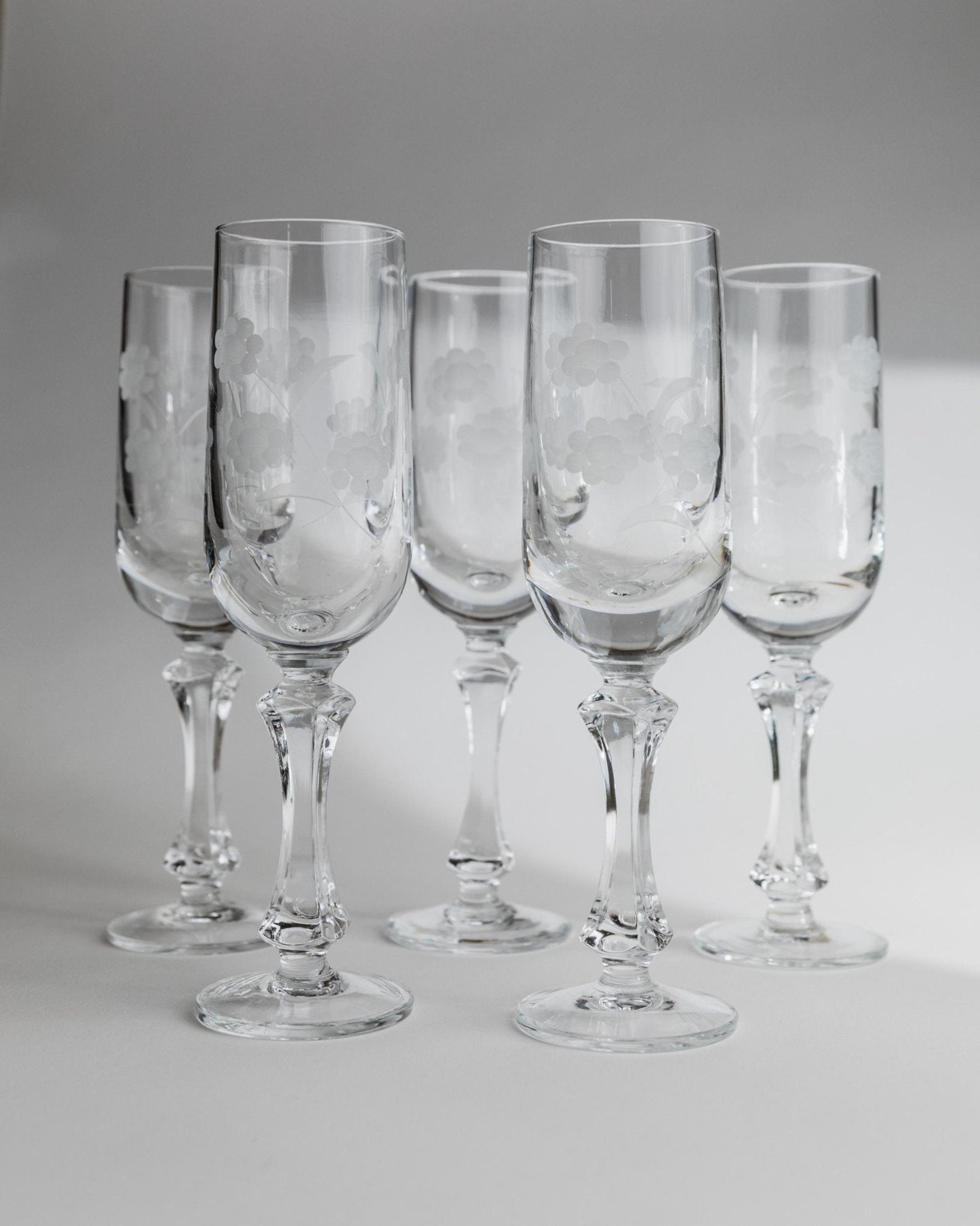 Vintage Champagnerglas Set von 5 mit floraler Gravur, Italien 1960er, einzigartig