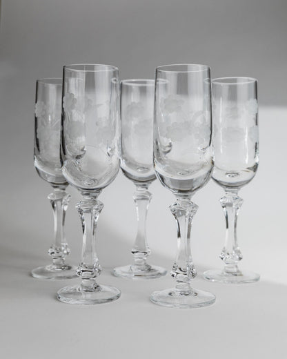 Vintage Champagnerglas Set von 5 mit floraler Gravur, Italien 1960er, einzigartig