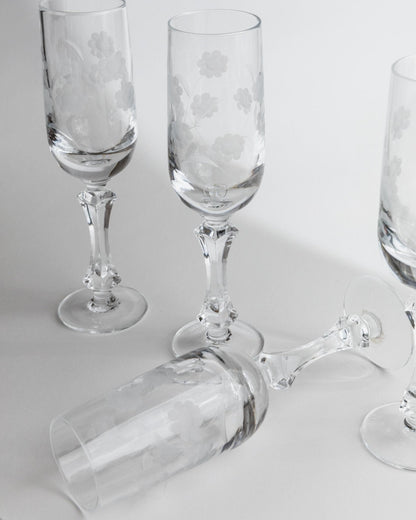 Vintage Champagnerglas Set von 5 mit floraler Gravur, Italien 1960er, einzigartig