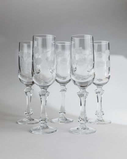 Vintage Champagnerglas Set von 5 mit floraler Gravur, Italien 1960er, einzigartig