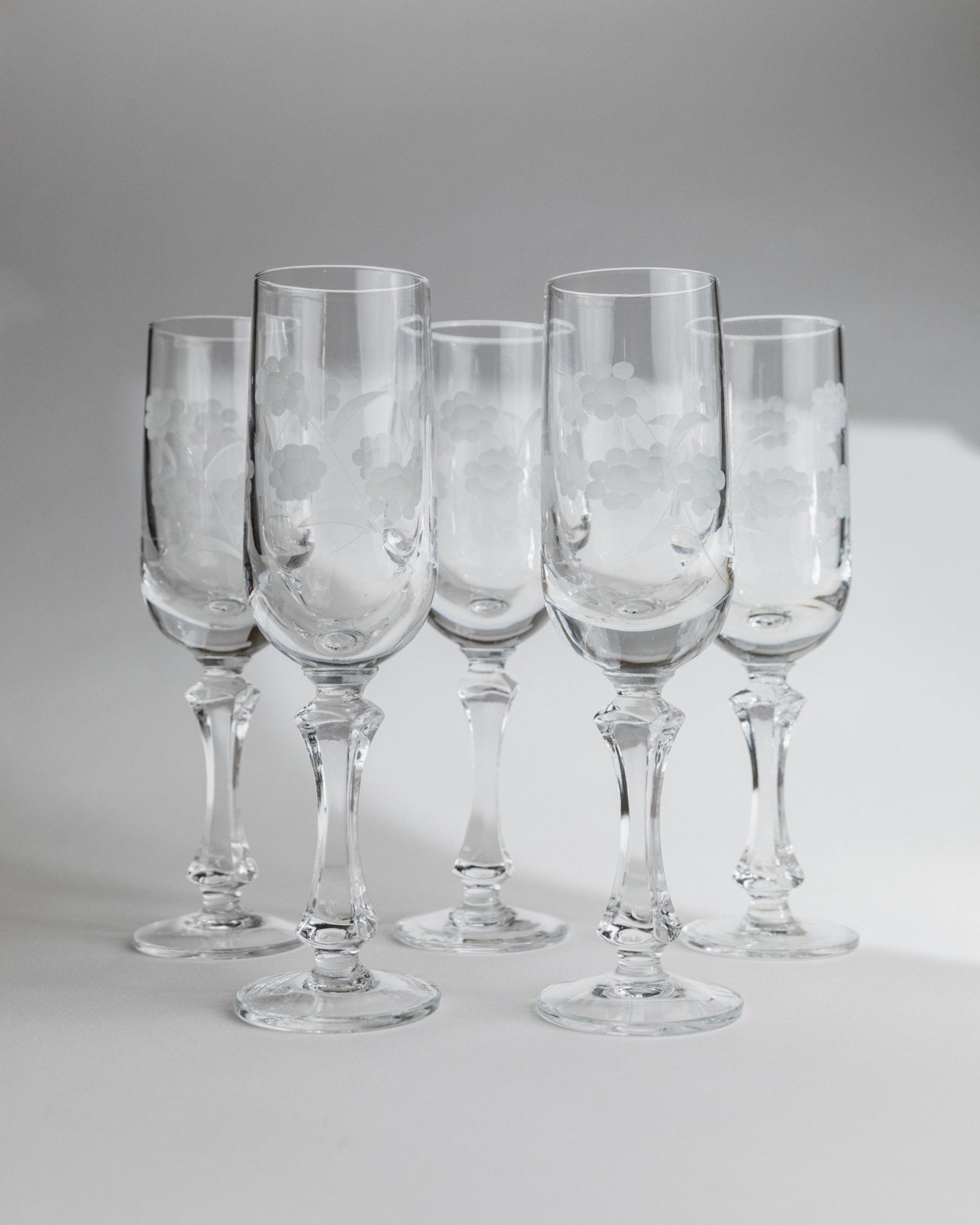 Vintage Champagnerglas Set von 5 mit floraler Gravur, einzigartig, Italien 1960er