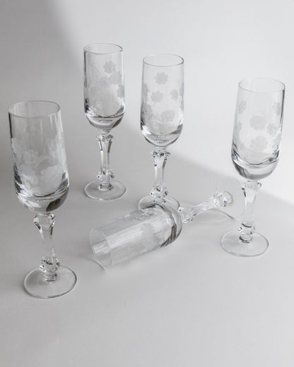 Vintage Champagnerglas Set von 5 mit floraler Gravur, Italien 1960er, einzigartig