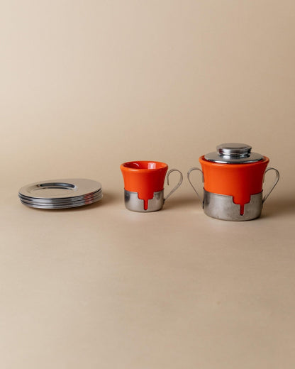 Vintage Kaffeeset 24-teilig von Inoxriv, rot-orange, Edelstahl, Vintage Tasse, Zuckerdose