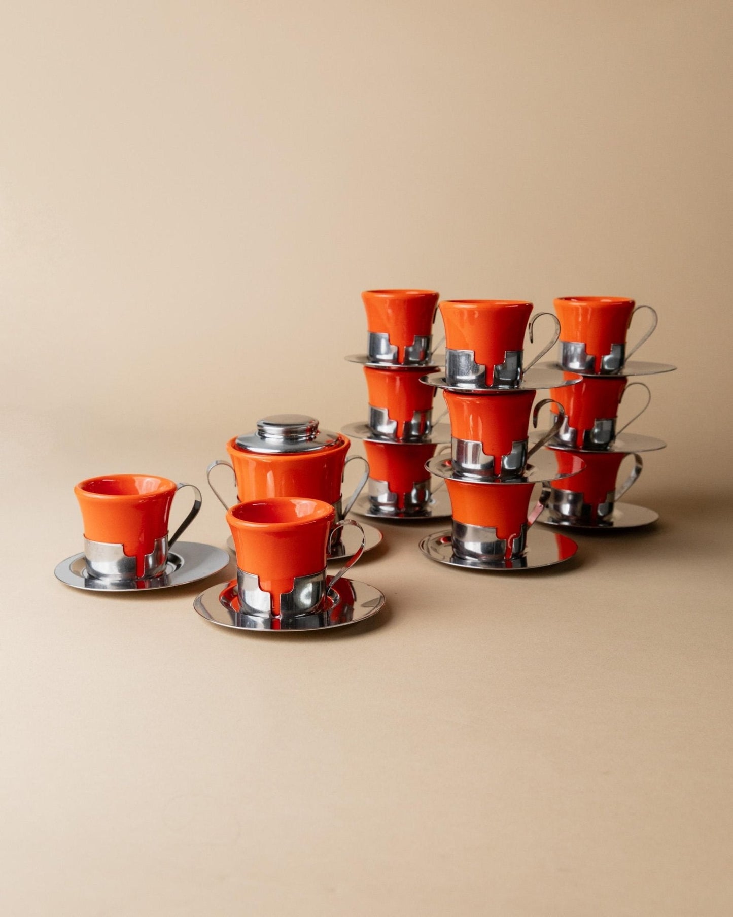 Vintage Kaffeeset 24-teilig von Inoxriv, rot-orange, Edelstahl, Vintage Tasse, Zuckerdose