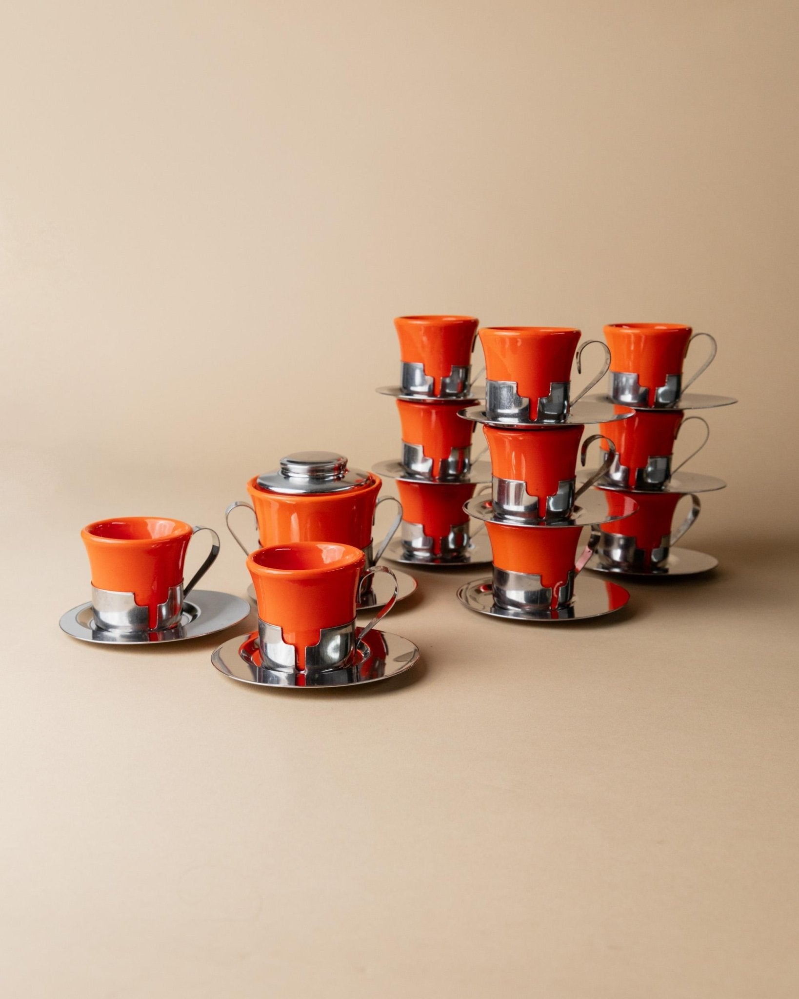 Vintage Kaffeeset 24-teilig von Inoxriv, rot-orange, Edelstahl, Vintage Tasse, Zuckerdose