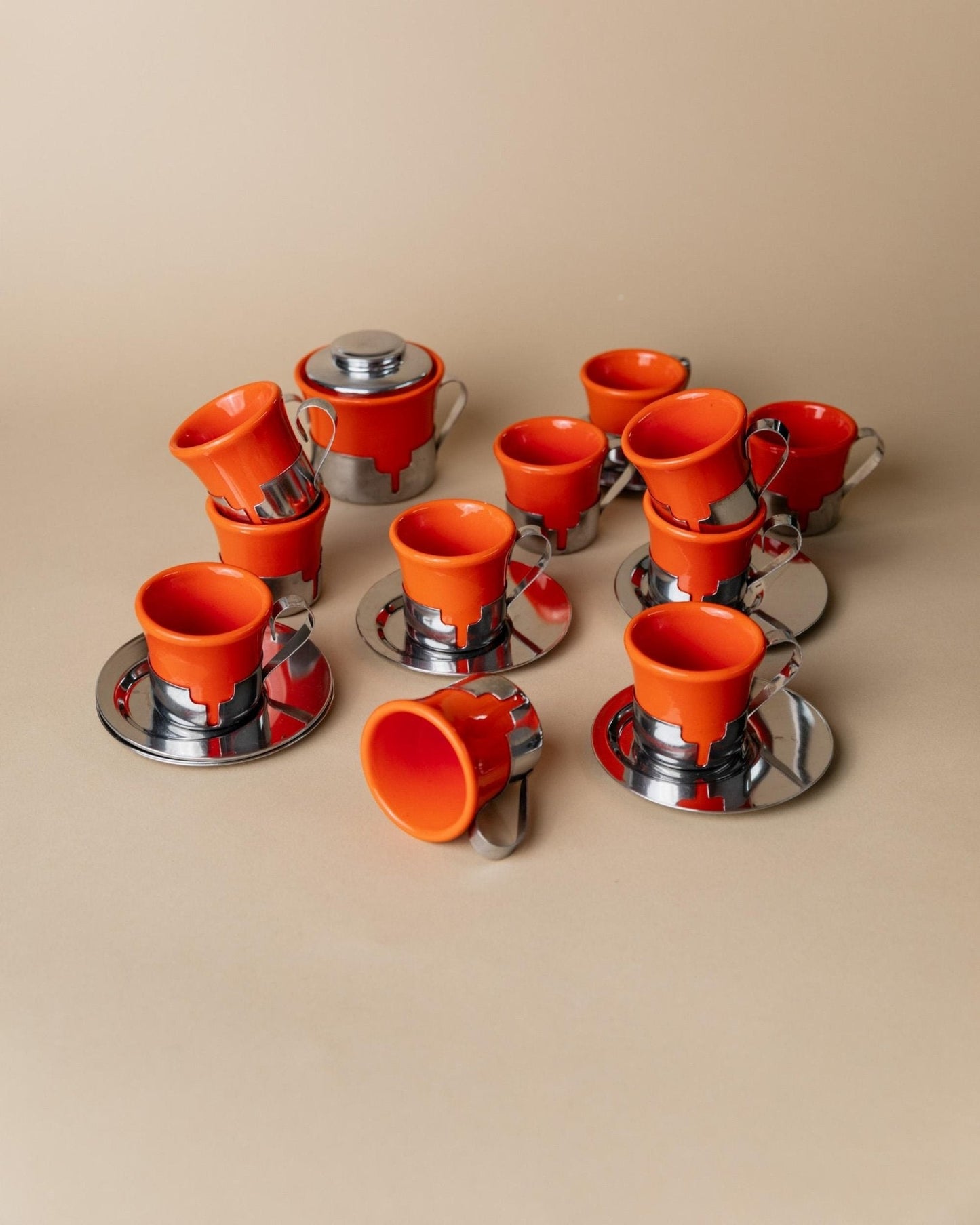 Vintage Kaffeeset 24-teilig von Inoxriv, rot-orange, Edelstahl, Vintage Tasse, Zuckerdose