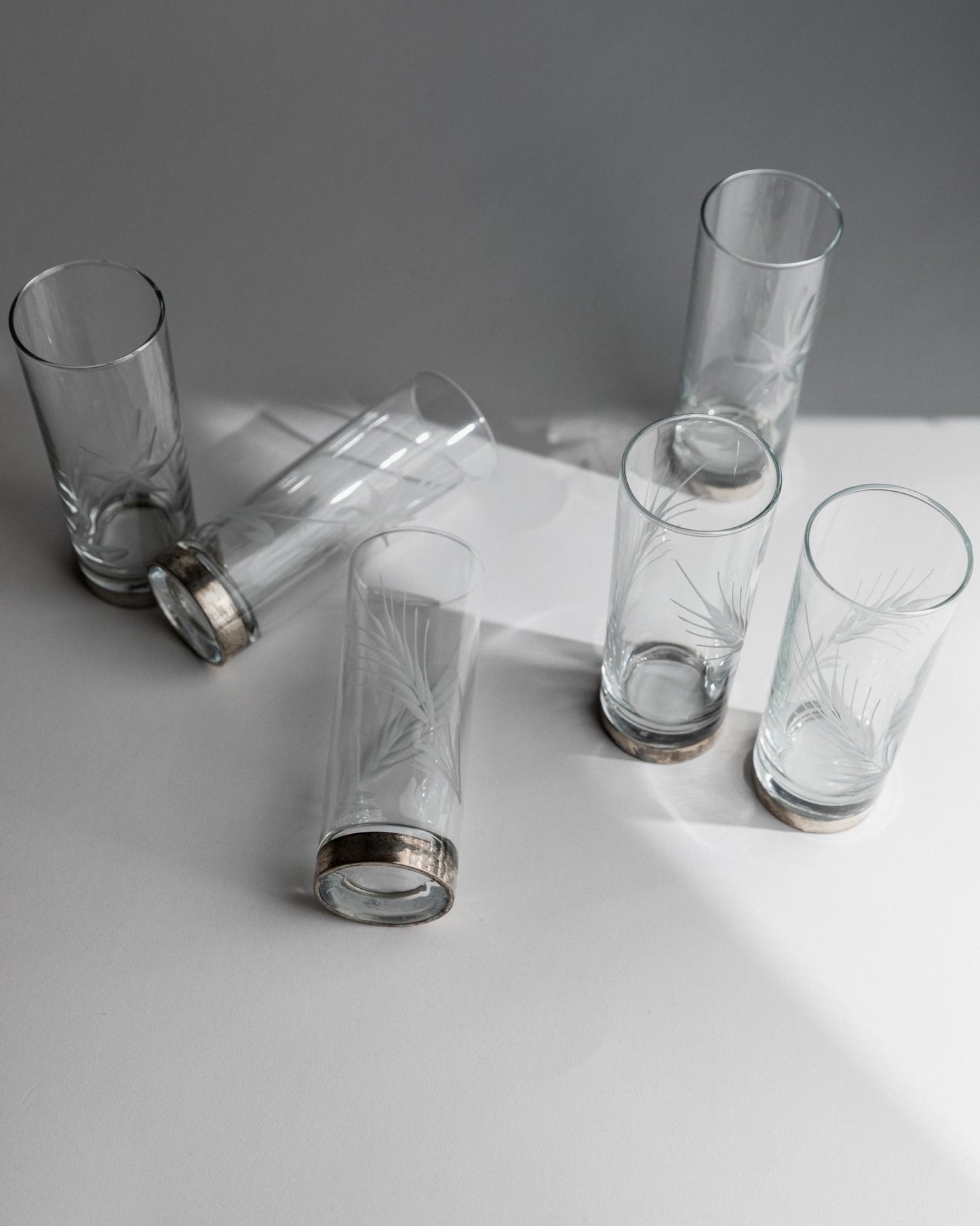 Vintage Trinkglas Set von 6 mit Silberrand und Ährenmuster, Italien, einzigartig, Retro Deko