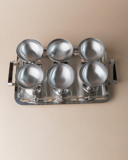 Vintage Trinkset Set von 6 mit Tablett, Edelstahl, Italien 1970er, spülmaschinenfest