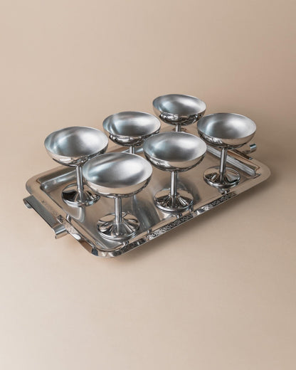 Vintage Trinkset Set von 6 mit Tablett, Edelstahl, Italien 1970er, spülmaschinenfest
