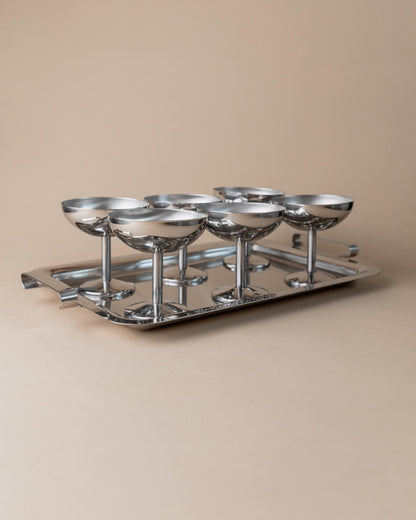 Vintage Trinkset Set von 6 mit Tablett, Edelstahl, Italien 1970er, spülmaschinenfest