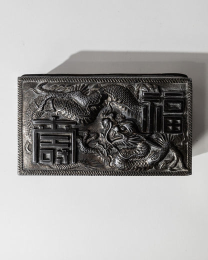 Vintage Dose mit Drachenmotiv, Silber und Holzintarsien, Japan