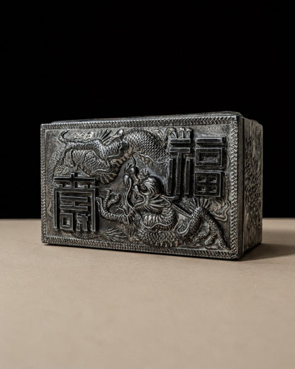 Vintage Dose mit Drachenmotiv, Silber und Holzintarsien, Japan