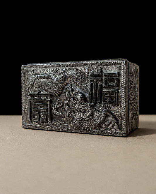 Vintage Dose mit Drachenmotiv, Silber und Holzintarsien, Japan