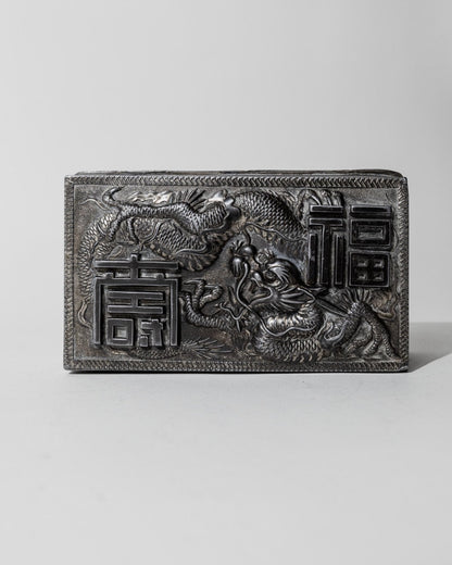Vintage Dose mit Drachenmotiv, Silber und Holzintarsien, Japan
