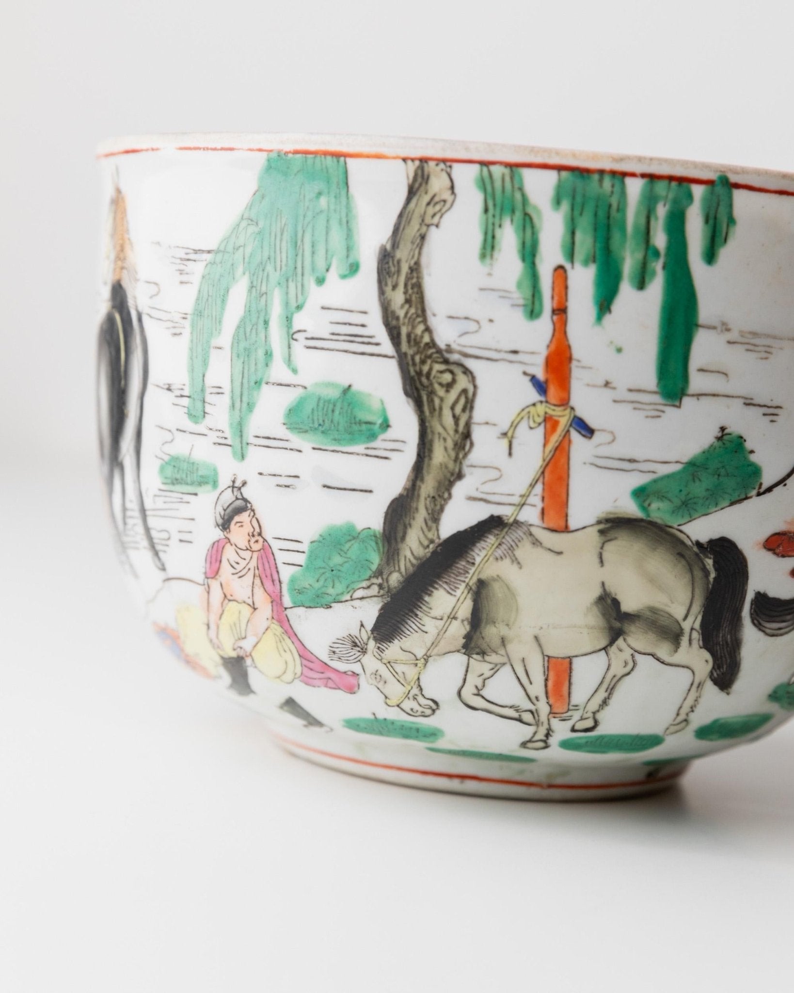 Vintage Blumentopf chinesisches Motiv handbemalt mit Pferden und Figuren