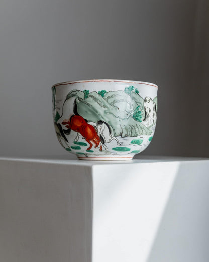 Vintage Blumentopf chinesisches Motiv handbemalt mit Pferden und Figuren