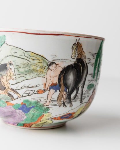 Vintage Blumentopf chinesisches Motiv handbemalt mit Pferden und Figuren