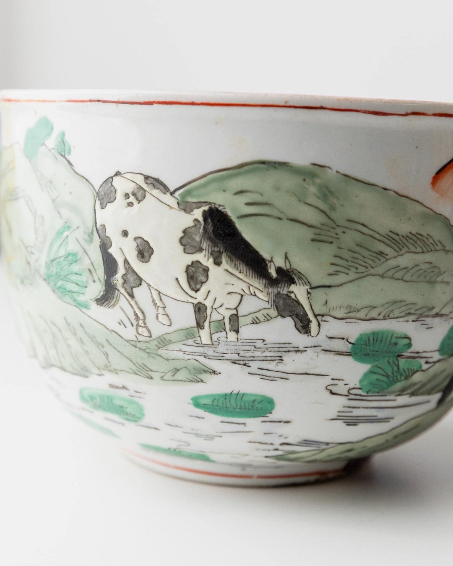 Vintage Blumentopf chinesisches Motiv handbemalt mit Pferden und Figuren