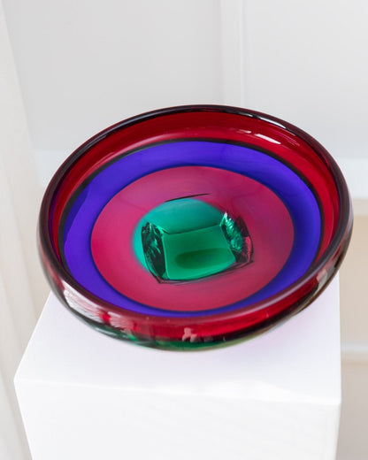 Vintage Schale A FASCE von Fulvio Bianconi für Gino Mazzega Murano Glas Grün Blau Rot