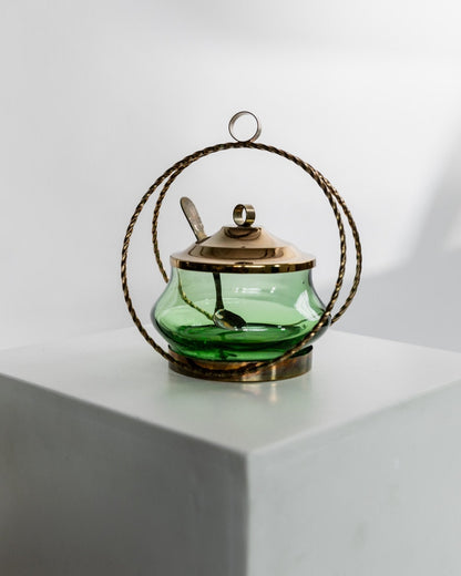 Vintage Glasschale mit Deckel, Smaragdgrün, goldene Details, Retro, 1940er, Dekoration