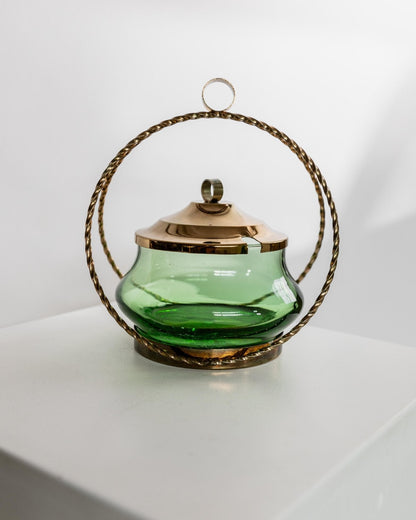 Vintage Glasschale mit Deckel, Smaragdgrün, goldene Details, Retro, 1940er, Dekoration