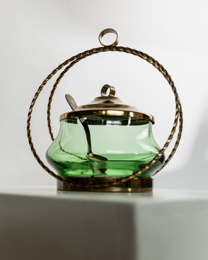 Vintage Glasschale mit Deckel, Smaragdgrün, goldene Details, Retro, 1940er, Dekoration