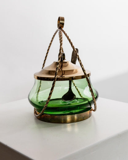 Vintage Glasschale mit Deckel, Smaragdgrün, goldene Details, Retro, 1940er, Dekoration