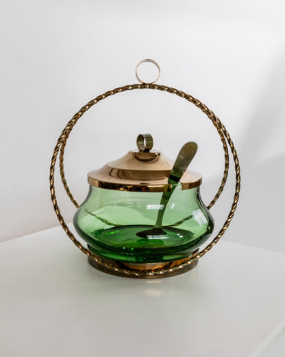 Vintage Glasschale mit Deckel, Smaragdgrün, goldene Details, Retro, 1940er, Dekoration