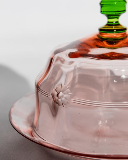Vintage Glasdose Cloche mit Teller mit graviertem Blumenmuster