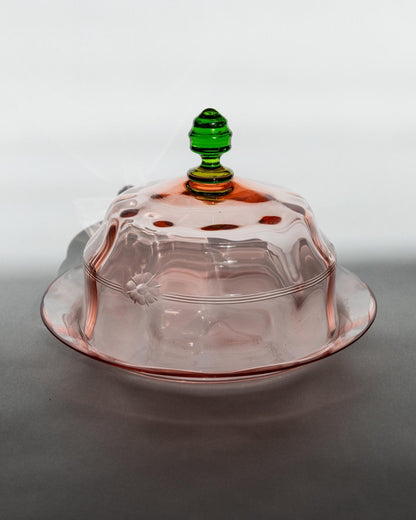 Vintage Glasdose Cloche mit Teller mit graviertem Blumenmuster