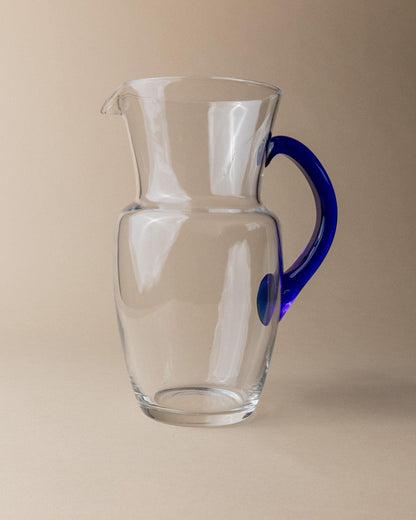 Pichet vintage en verre transparent et anse bleue - Design Mid-Century Italie années 1970