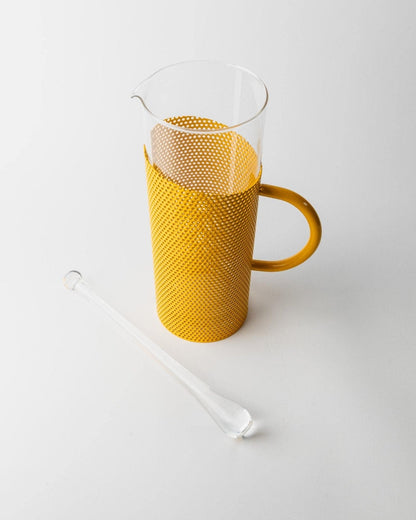 Vintage glass jug with yellow metal handle and glass pestle by De Agostini Memphis style 80s