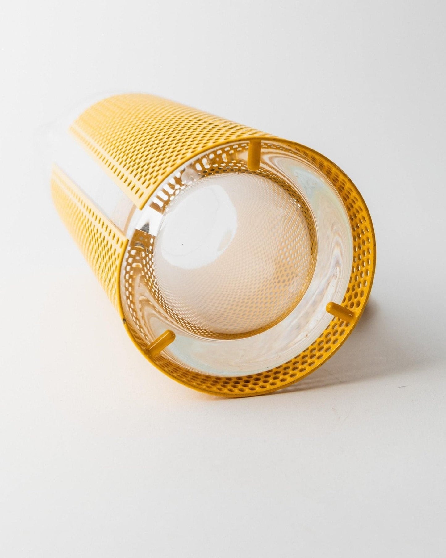 Vintage glass jug with yellow metal handle and glass pestle by De Agostini Memphis style 80s