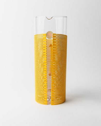 Vintage glass jug with yellow metal handle and glass pestle by De Agostini Memphis style 80s