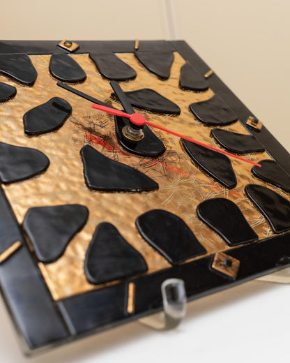 Vintage Wanduhr aus Murano Glas mit Leo-Muster in Gold und Schwarz, Memphis-Stil, 1980er