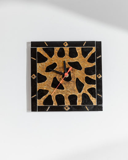 Vintage Wanduhr aus Murano Glas mit Leo-Muster in Gold und Schwarz, Memphis-Stil, 1980er