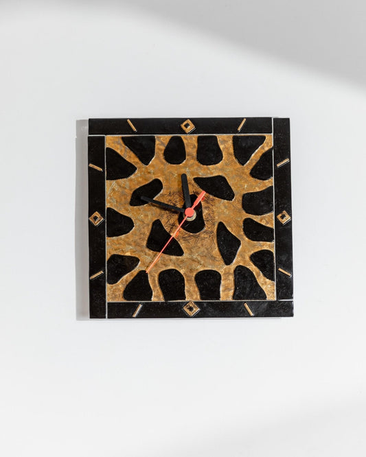 Vintage Wanduhr aus Murano Glas mit Leo-Muster in Gold und Schwarz, Memphis-Stil, 1980er