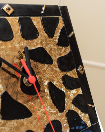 Vintage Wanduhr aus Murano Glas mit Leo-Muster in Gold und Schwarz, Memphis-Stil, 1980er