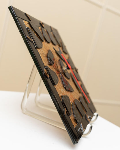 Vintage Wanduhr aus Murano Glas mit Leo-Muster in Gold und Schwarz, Memphis-Stil, 1980er