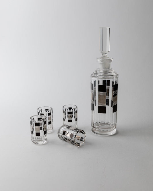 Vintage Likörset Art Deco von Karl Palda Kristallglas mit Silberdetails Set von 5