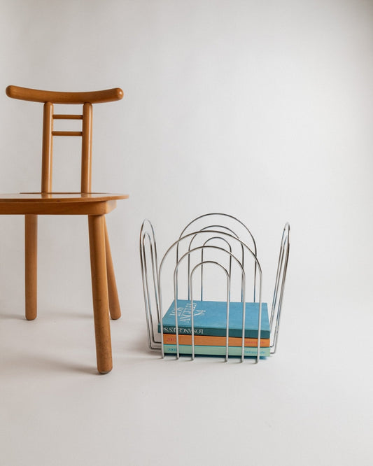 Vintage Metallkorb verchromt & dekorativ & 1980er & Aufbewahrung für Magazine, Decken, Holz