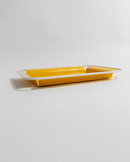 Vintage Tablett Metall gelb mit weißen Griffen
