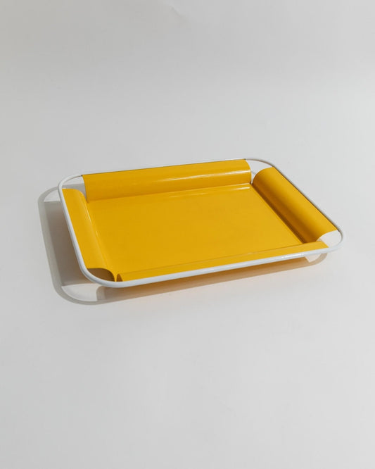 Vintage Tablett Metall gelb mit weißen Griffen