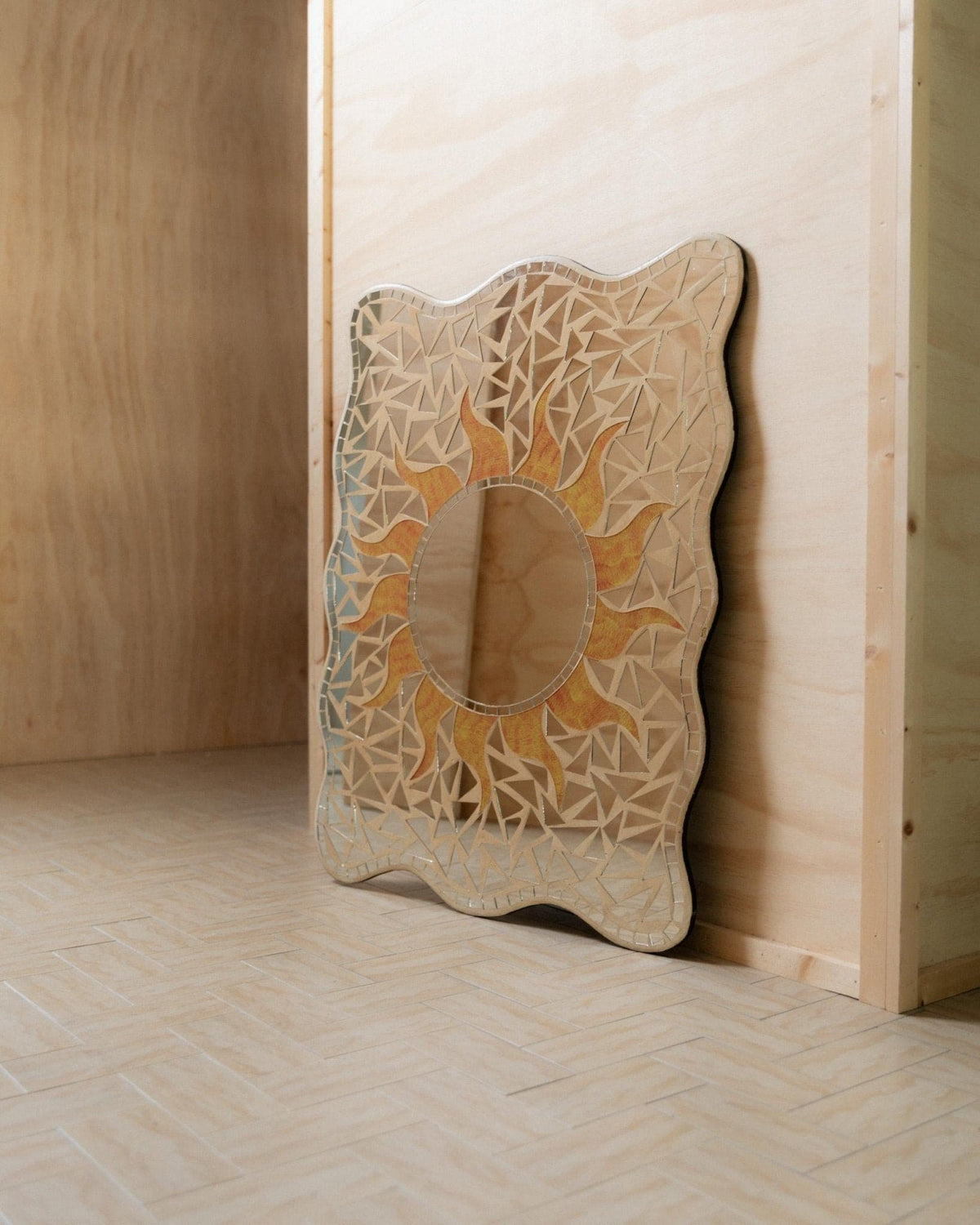 Vintage mosaic mirror with sun pattern Italy 1970s boho style