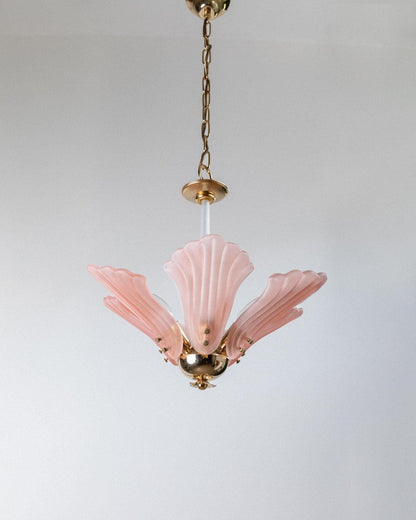 Plafonnier vintage en verre de Murano en forme de fleur en métal doré rose Italie années 1960