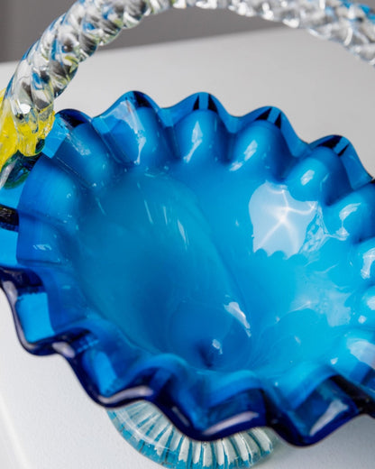 Vintage Glasschale mit Henkel von Murano, blau mit gelben Blumen, dekorativ, Italien 1970er