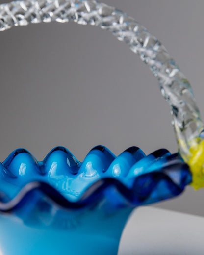 Vintage Glasschale mit Henkel von Murano, blau mit gelben Blumen, dekorativ, Italien 1970er
